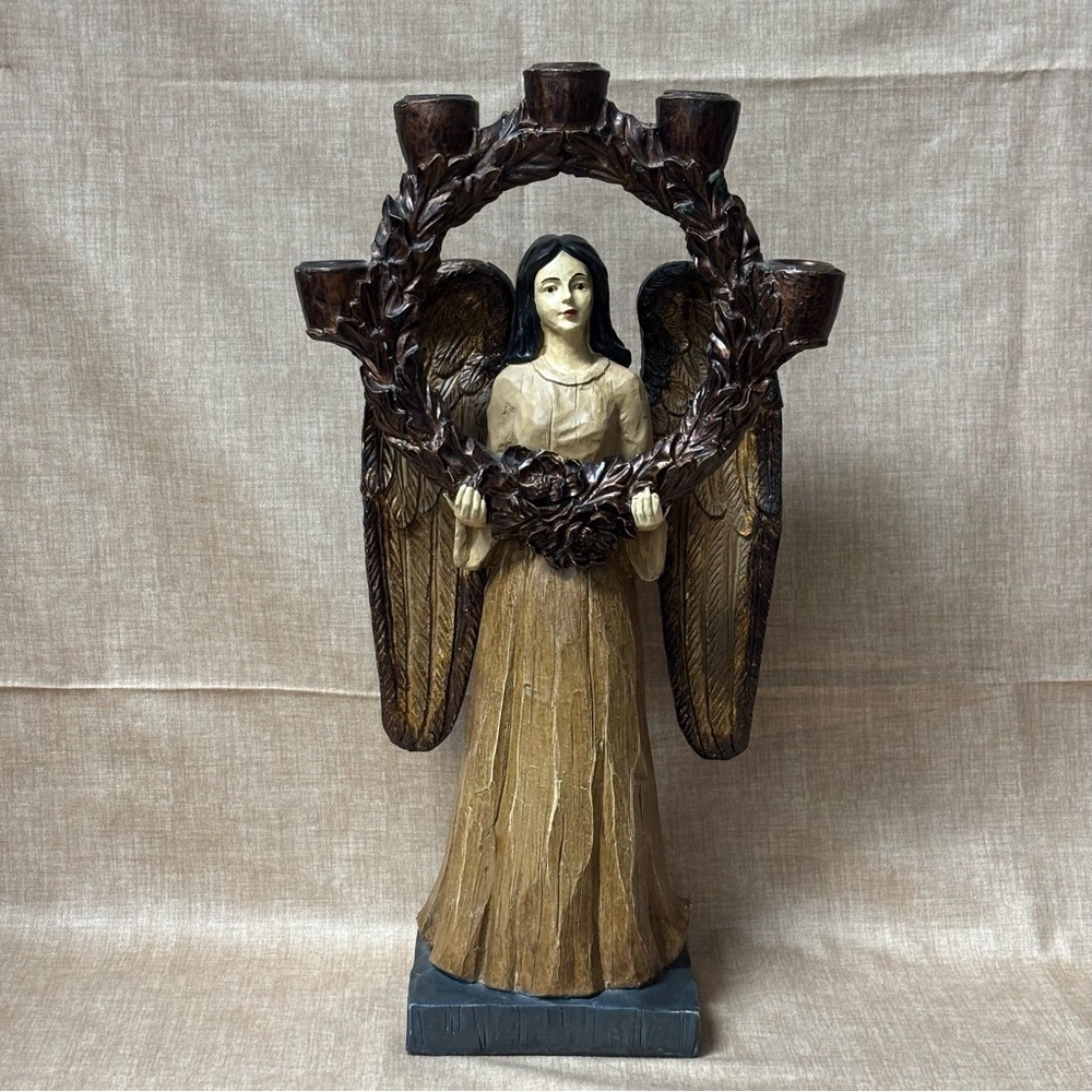 Angel With Wings Holding Wreath Candleholder 16" Folk Art / Faux Wood